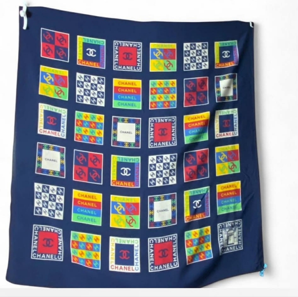 Chanel Navy and Multicolor Patterned Silk Scarf